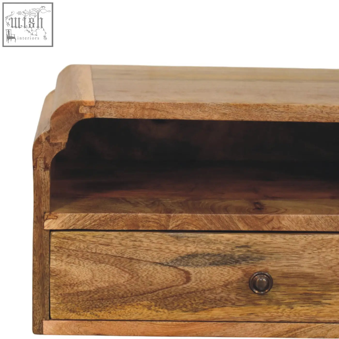 Avora wall mounted rustic wooden nightstand in natural mango wood with warm finish and visible grain patterns
