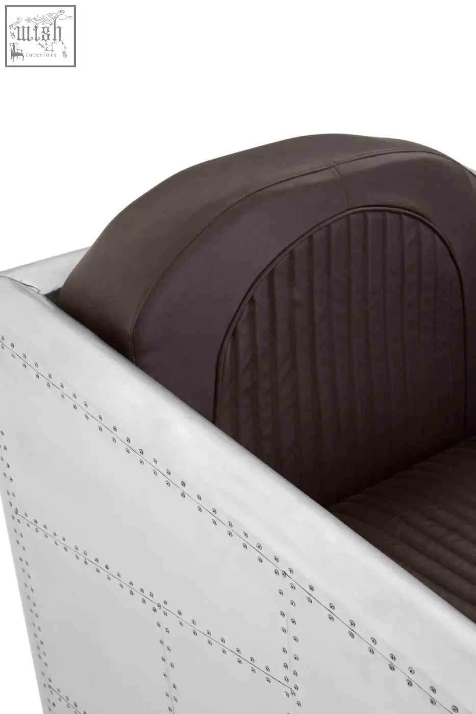 Avro armchair with dark brown faux leather upholstery and white metal frame featuring rivet detailing