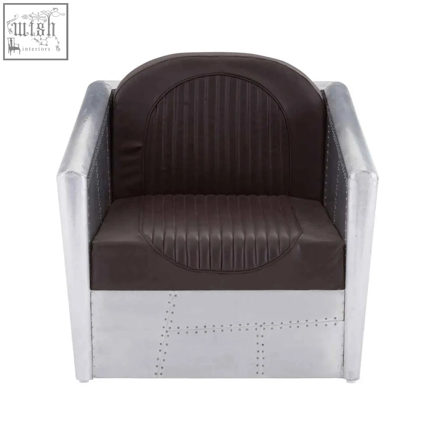 Avro armchair featuring dark brown faux leather upholstery with silver metallic frame and rivet detailing