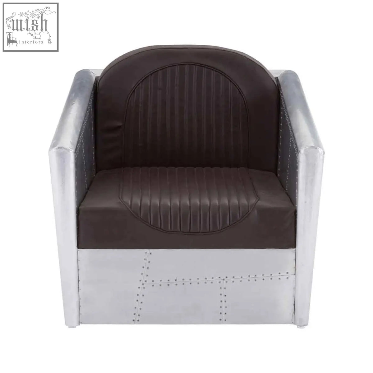 Avro armchair featuring dark brown faux leather upholstery with silver metallic frame and rivet detailing