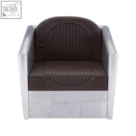 Avro armchair featuring dark brown faux leather upholstery with silver metallic frame and rivet detailing