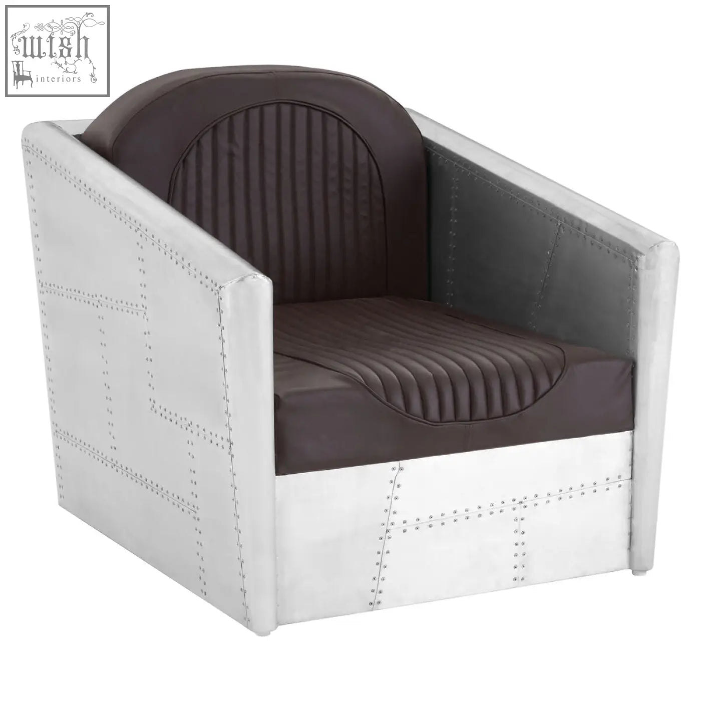 Avro armchair with a sleek white metal frame and dark brown faux leather ribbed upholstery for modern seating