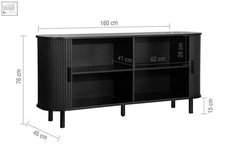 Black modern axel 2 door fluted sideboard with vertical fluted sides glass doors and slender legs ideal for fluted dining range
