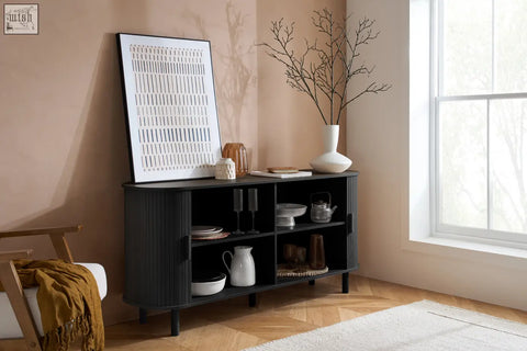 Black ribbed axel 2 door fluted sideboard with sleek modern design and open shelving for fluted dining range rooms
