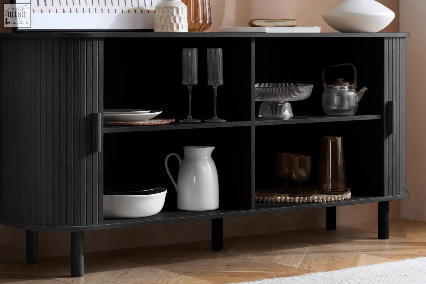 Black ribbed axel 2 door fluted sideboard with sleek modern design and curved edges perfect for fluted dining range