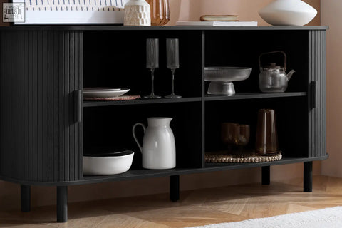 Black ribbed axel 2 door fluted sideboard with sleek modern design and curved edges perfect for fluted dining range