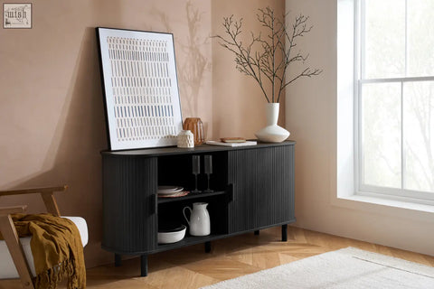 Black ribbed fluted dining sideboard with sleek modern design and open shelving from the axel 2 door dining range