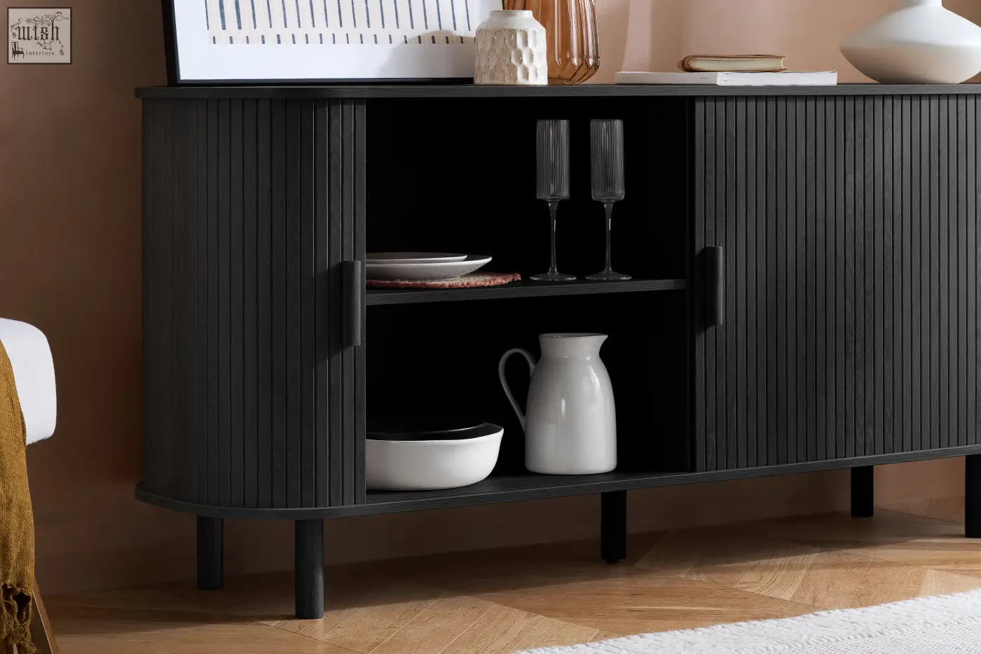 Black ribbed axel 2 door fluted sideboard with minimalist handles perfect for modern fluted dining range setups