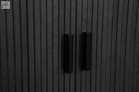 Black sleek rectangular matte cabinet handles on Axel 2 door fluted sideboard for fluted dining range use