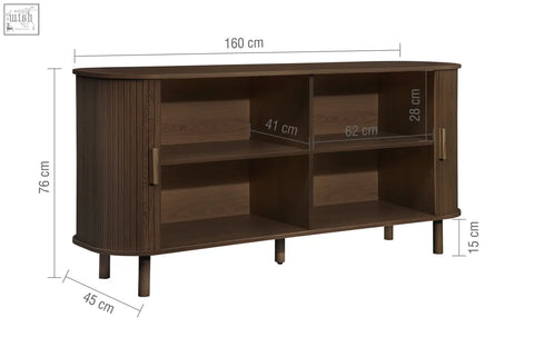 Dark brown wooden axel 2 door fluted sideboard with curved sides and vertical slat doors fits fluted dining range