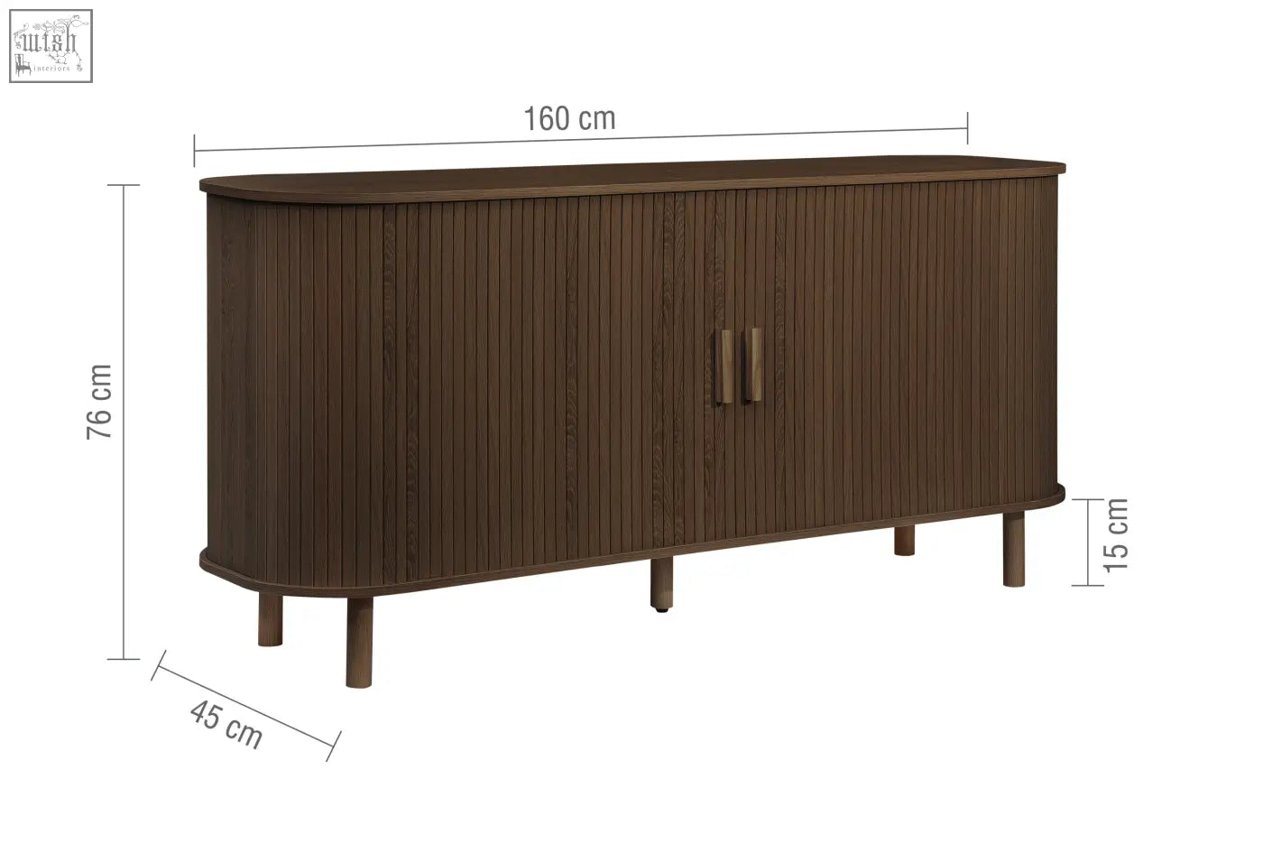 Dark brown wooden axel 2 door fluted sideboard with vertical slats and curved edges from fluted dining range