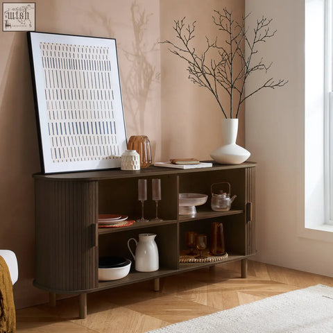 Dark brown wooden axel 2 door fluted sideboard with vertical ribbed panels and glass doors from fluted dining range