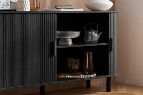 Dark gray fluted dining sideboard with slatted doors black handles and slender legs from axel 2 door fluted dining range