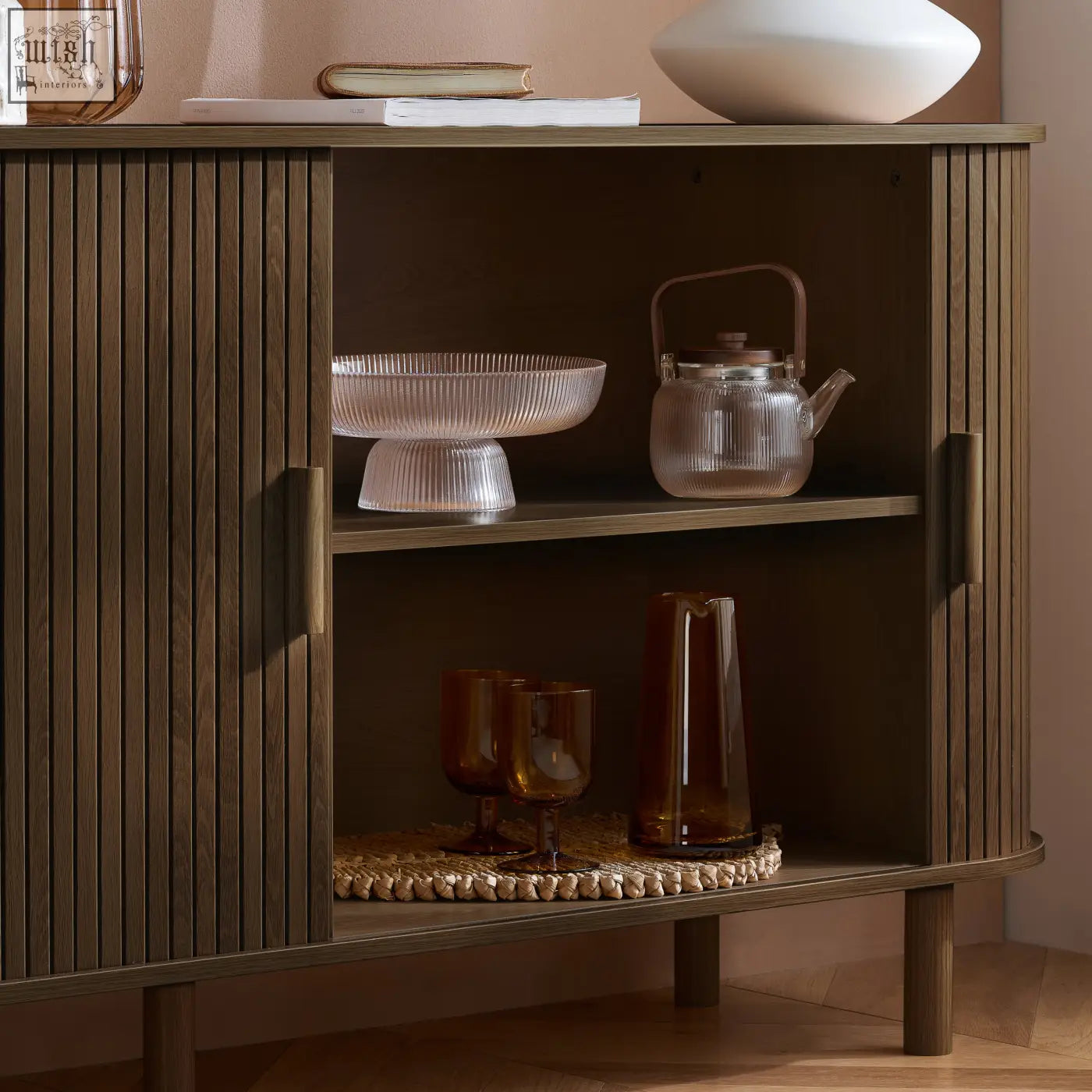 Dark wood axel 2 door fluted sideboard with vertical slats and curved edges perfect for fluted dining range setups