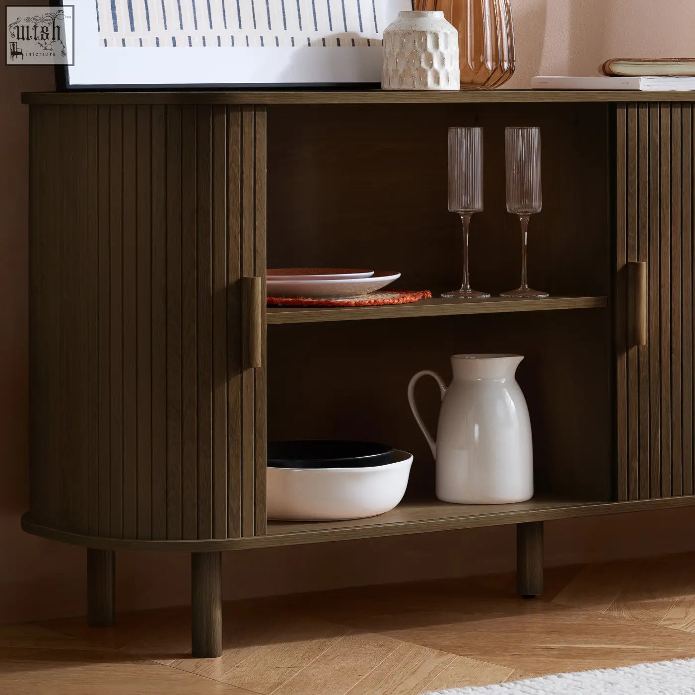 Dark wood axel 2 door fluted sideboard with vertical slats and brass handles perfect for fluted dining range setups