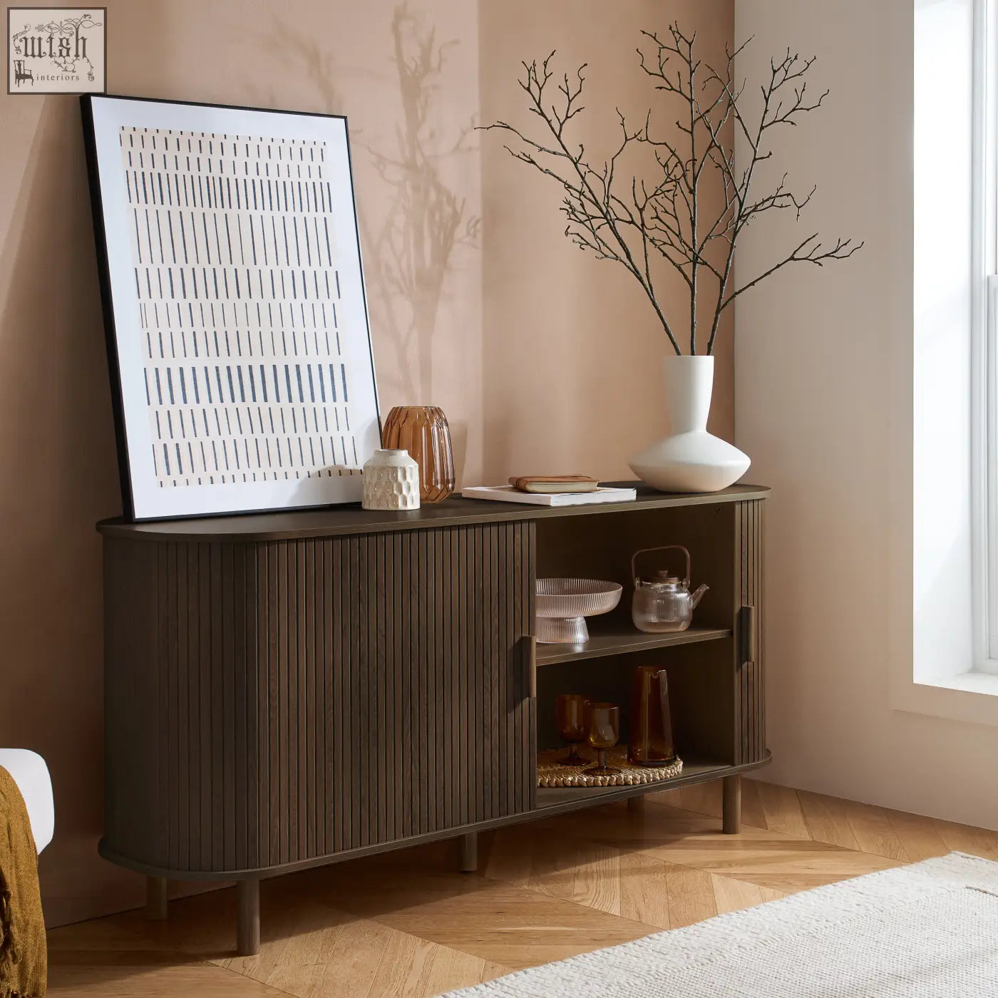 Dark wood axel 2 door fluted sideboard with vertical slats and curved edges perfect for fluted dining range setups