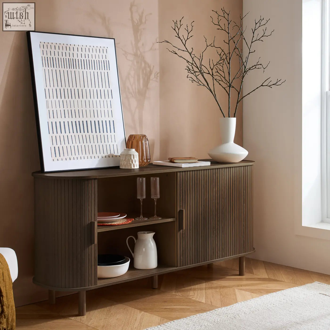 Dark wood axel 2 door fluted sideboard with vertical slats and curved edges perfect for fluted dining range rooms