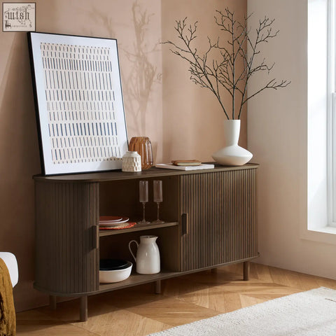 Dark wood axel 2 door fluted sideboard with vertical slats and curved edges perfect for fluted dining range rooms