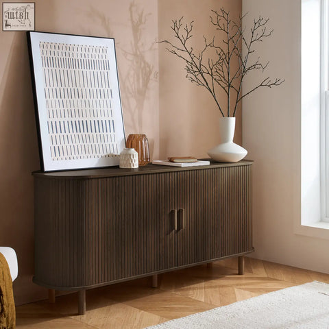 Dark wood axel 2 door fluted sideboard with vertical slats and sleek handles perfect for fluted dining range decor