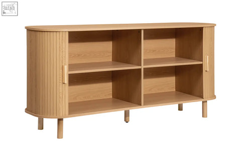 Light oak wood axel 2 door fluted sideboard with curved sides and vertical slats perfect for fluted dining range and dining range