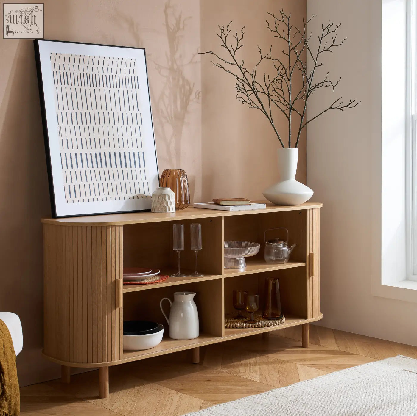 Light wood axel 2 door fluted sideboard with curved front and vertical slats perfect for fluted dining range setups
