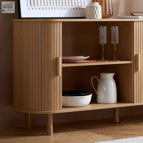 Light wood grain axel 2 door fluted sideboard with vertical slatted doors and tapered legs in fluted dining range