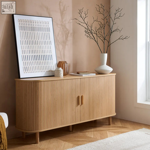 Light wood axel 2 door fluted sideboard with vertical slats and curved edges from the fluted dining range
