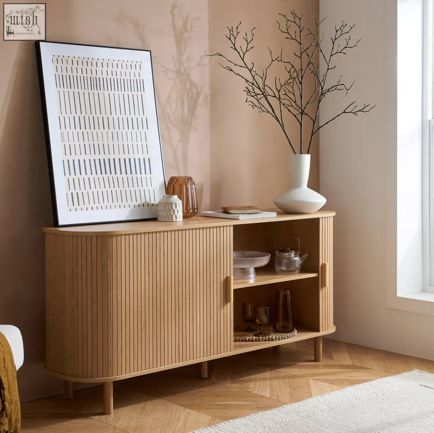 Light wood axel 2 door fluted sideboard with vertical slats and curved edges from the fluted dining range