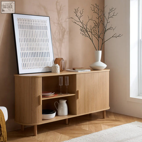 Light wood axel 2 door fluted sideboard with vertical slats and curved edges in the fluted dining range