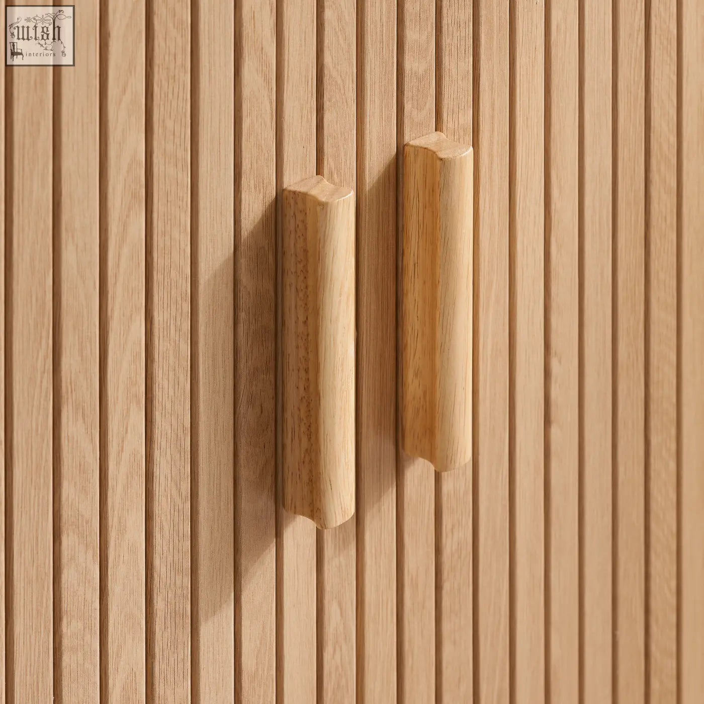 Light oak wood cabinet handles with smooth rounded rectangular design on axel 2 door fluted dining sideboard