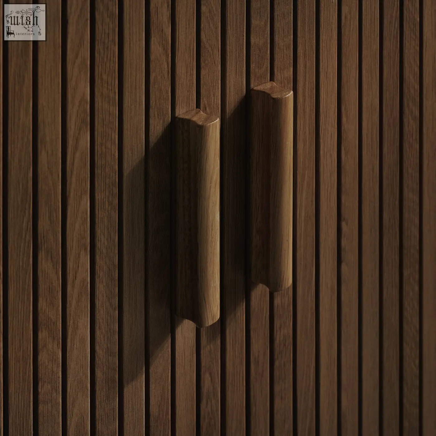 Two sleek wooden cabinet handles with warm brown finish and natural grain on axel 2 door fluted dining sideboard