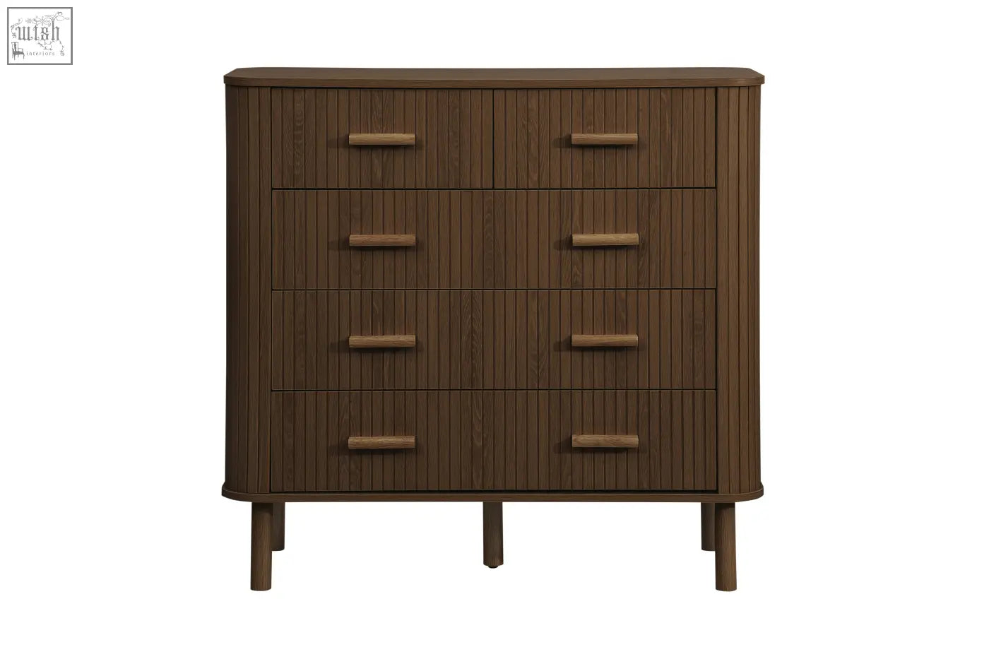 Brown wooden axel 6 drawer chest with horizontal handles and vertical slats from fluted bedroom range
