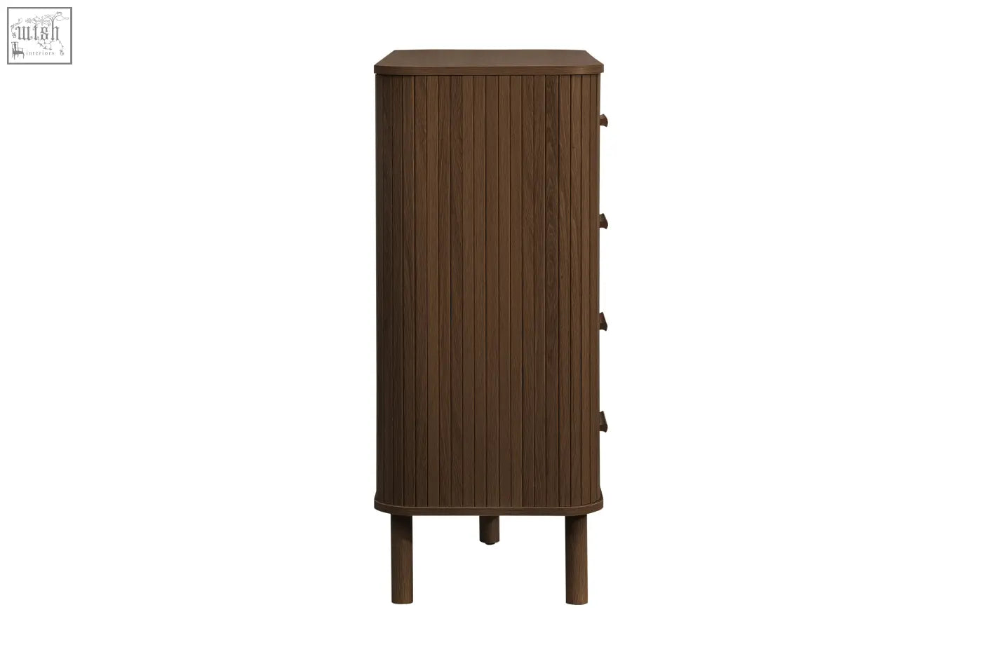 Axel 6 drawer chest in brown wood with vertical slats and dark metal handles from the fluted bedroom range