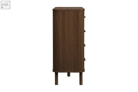 Axel 6 drawer chest in brown wood with vertical slats and dark metal handles from the fluted bedroom range