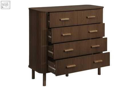 Dark brown wooden axel 6 drawer chest with vertical slats and light wood handles from fluted bedroom range