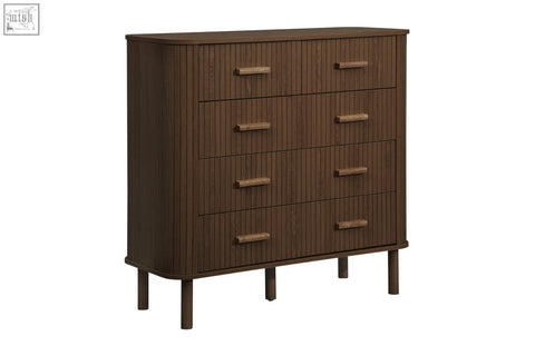 Dark brown wooden axel 6 drawer chest with vertical slats and matching pulls from fluted bedroom range