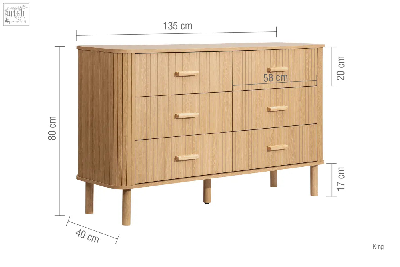 Light oak wood axel 6 drawer chest with curved sides and slender legs from the fluted bedroom range