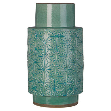 Axel earthenware vase in teal green earthenware with geometric starburst pattern and stacked cylindrical design