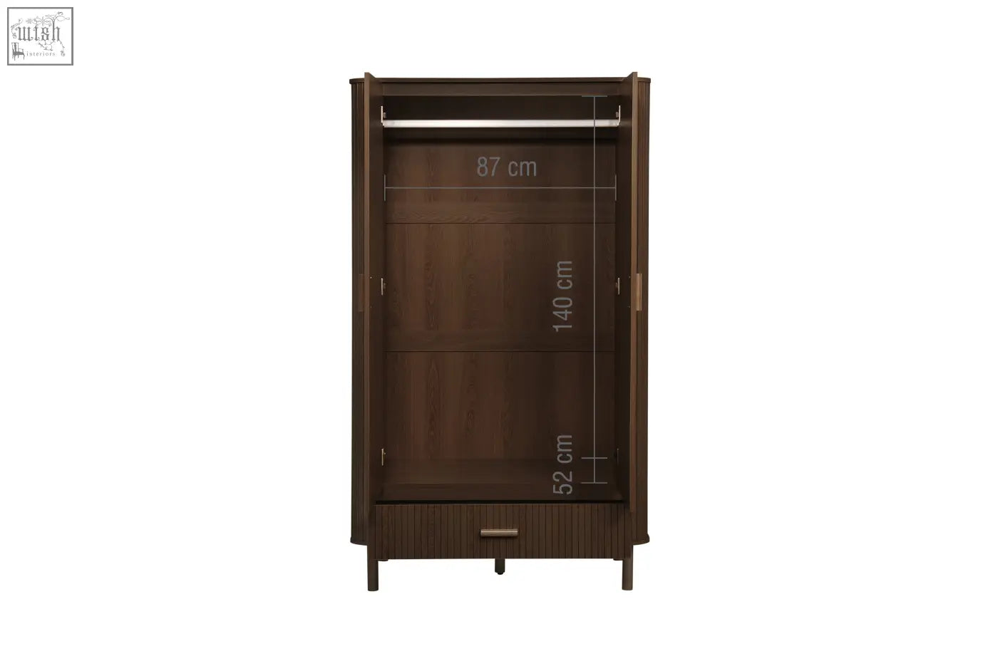 Dark brown wooden axel wardrobe with single hanging rod three shelves and drawer part of exquisite fluted bedroom range