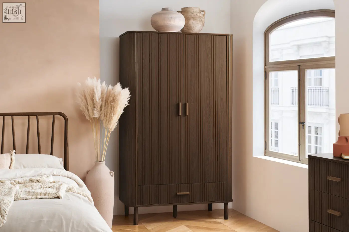 Dark brown wooden axel wardrobe 2 door with vertical slats and minimalist handles from the exquisite fluted bedroom range