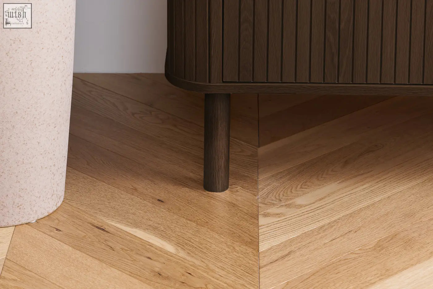Dark wood leg with vertical grooves and rounded edges from the exquisite fluted axel wardrobe 2 door bedroom range