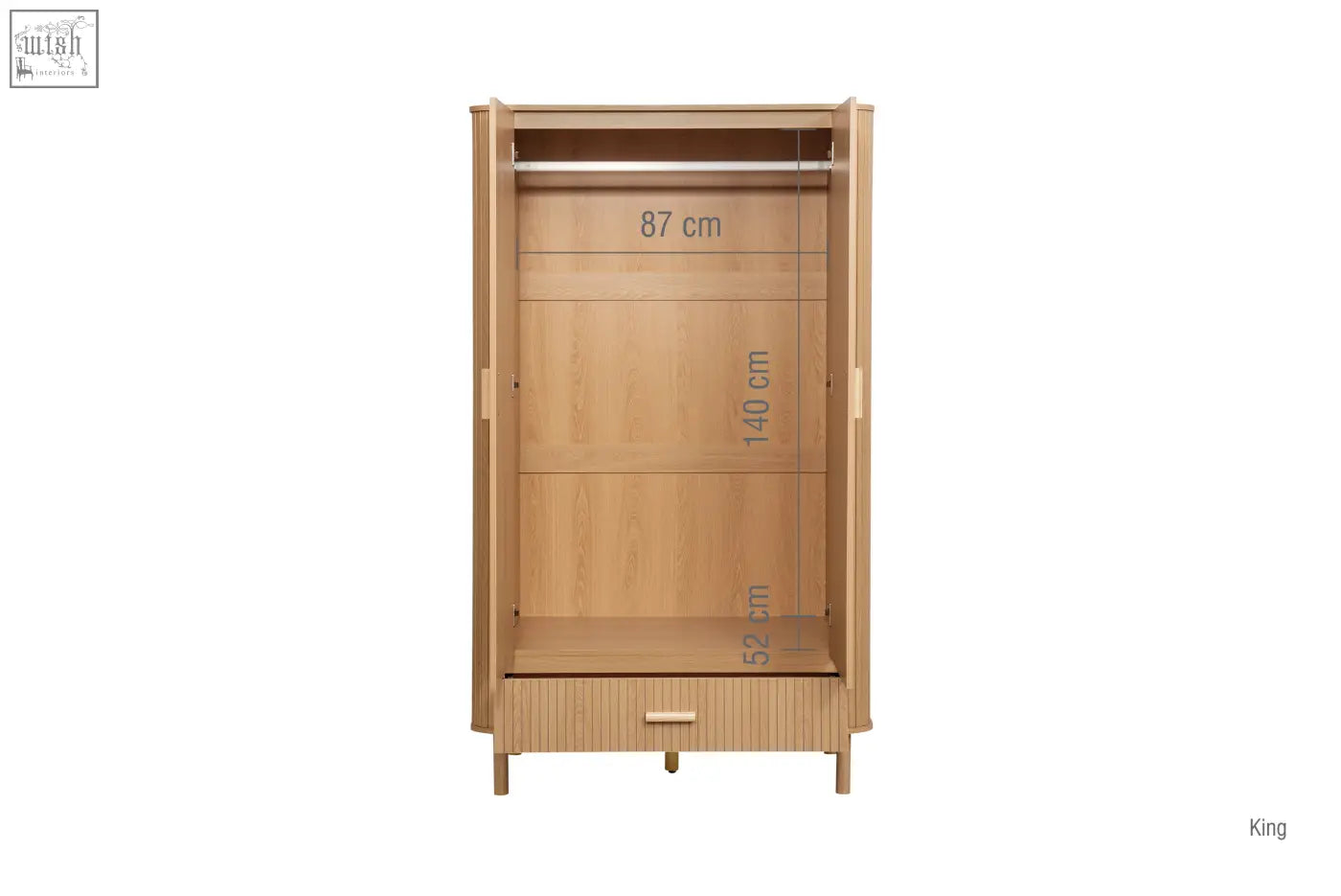 Axel wardrobe 2 door in light wood finish with open shelves and drawer part of the exquisite fluted bedroom range