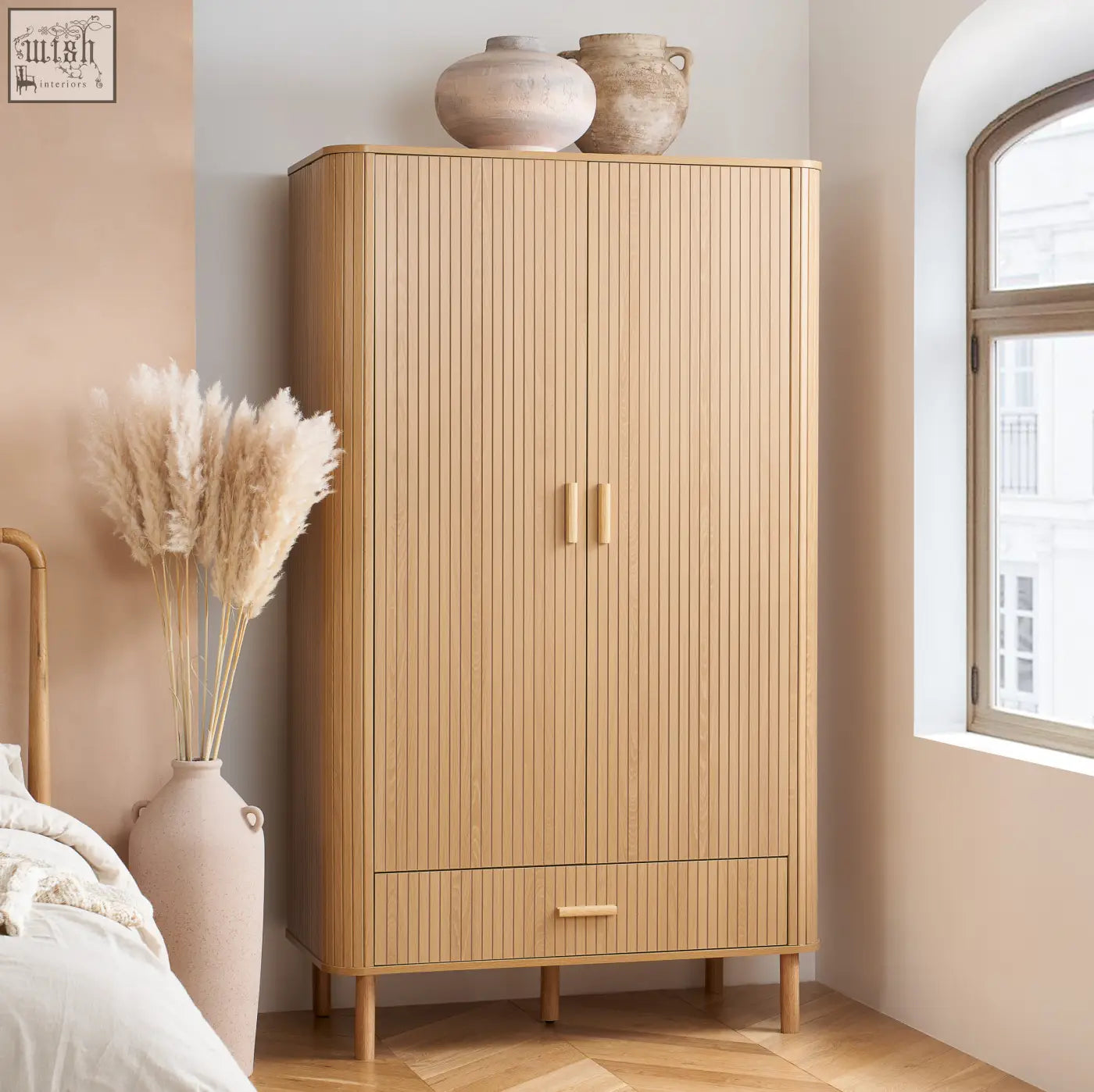 Axel wardrobe 2 door in light wood grain with vertical slats and minimalist handles from the exquisite fluted bedroom range