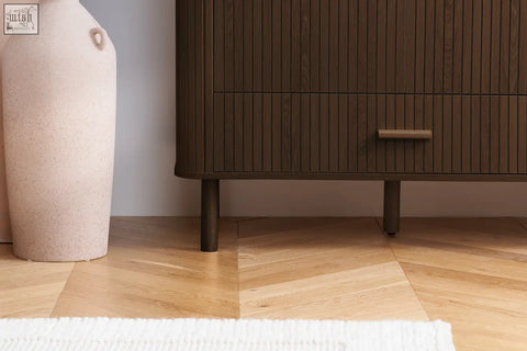 Dark brown wooden axel wardrobe 2 door with vertical slats and minimalist handle from fluted bedroom range
