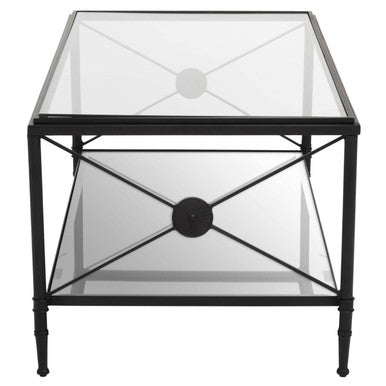 Black metal axis coffee table with clear glass top mirrored lower shelf and black finish frame x-shaped design