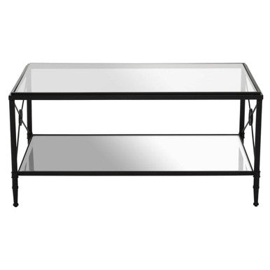 Black metal axis coffee table with black finish frame and two mirrored glass shelves for modern living spaces