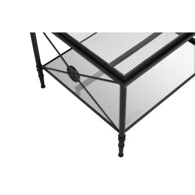 Black wrought iron axis coffee table with black finish frame and mirrored glass top with decorative cross bracing
