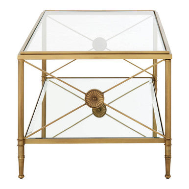 Gold coffee table axis coffee table with glass top gold finish frame and mirrored panels with decorative circular hardware