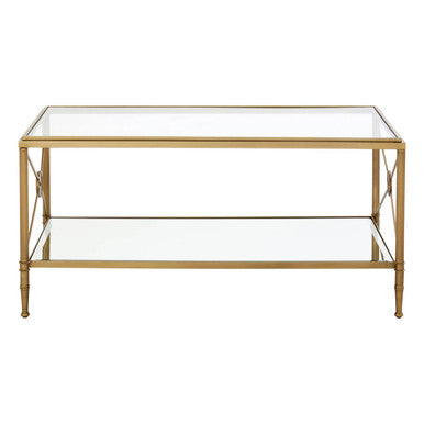 Axis coffee table with gold finish metal frame and two clear glass shelves featuring geometric lattice design