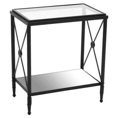 Axis rectangular black side table with metal frame glass top and mirrored lower shelf in rectangular black finish
